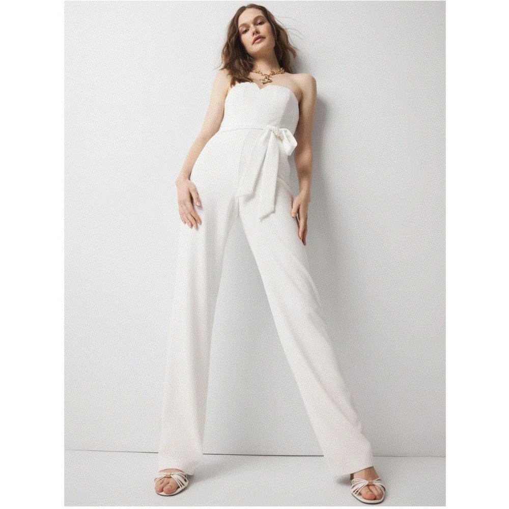 White House Black Market WHBM Strapless Wide Leg Jumpsuit White Belted Size 2